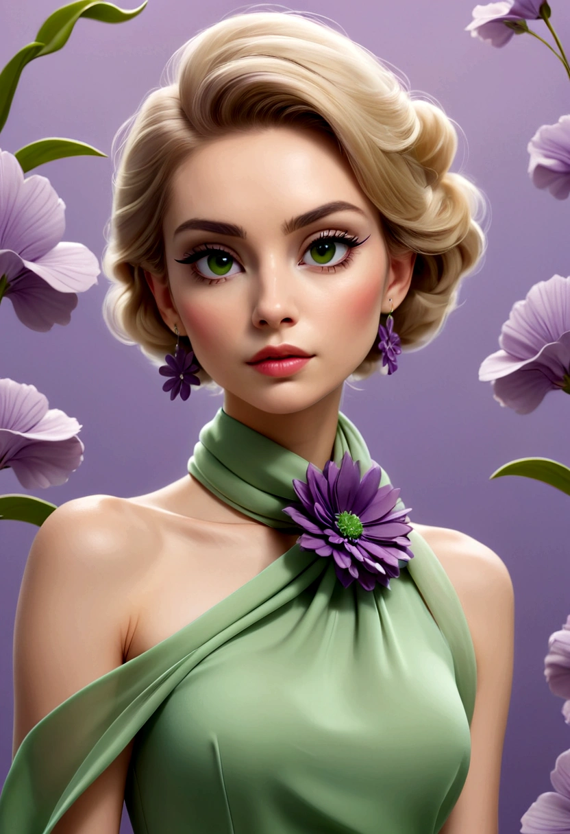 woman in green dress with minimalist abstract flowers, small purple scarf around the neck, False eyelashes, make-up