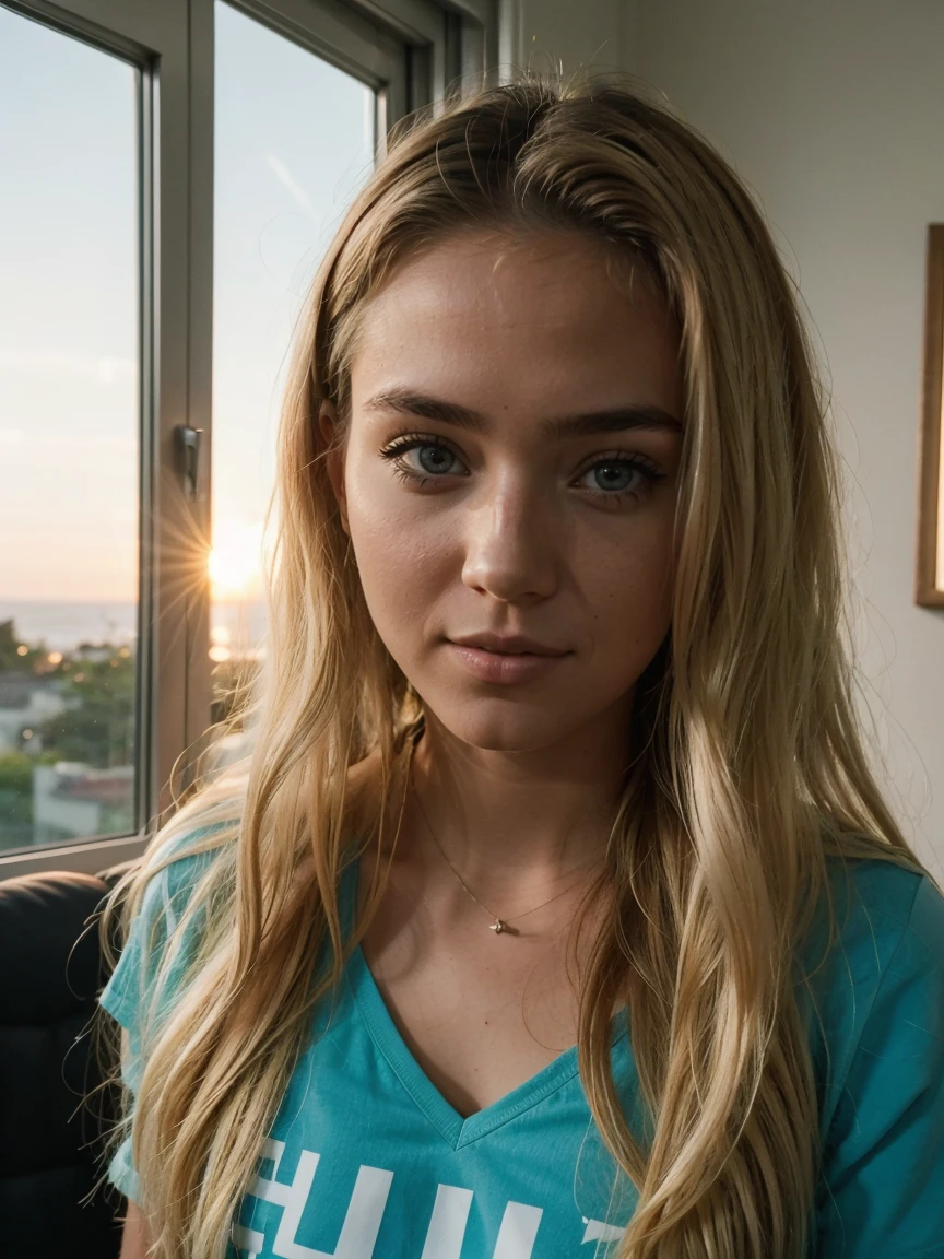 Best quality, instagram influencer, blonde female 20yo, at her house, sunset, looking in the camera, crypto related photo,