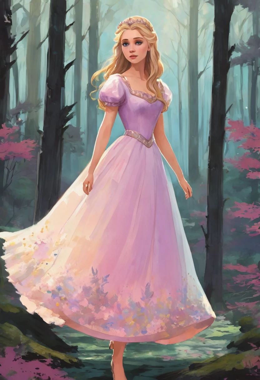 A princess with dark blonde hair and her dress is pastel colors and a little torn and she is walking in a forest 