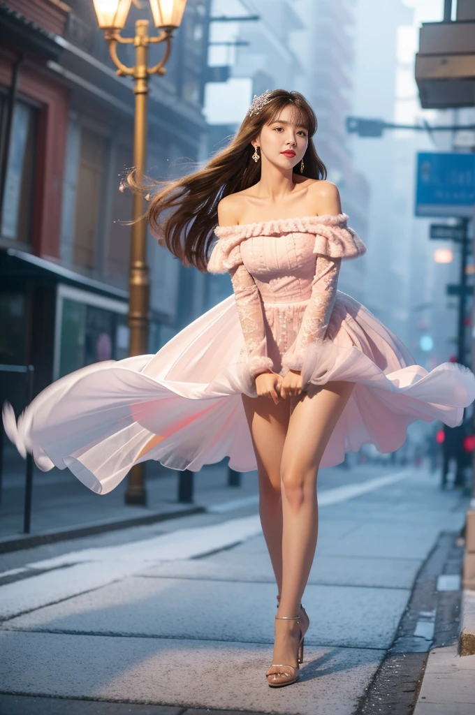 8k，tmasterpiece、quality、ultra - detailed、Master workarilyn Takiocus on the thighs and above，Clear face，（Best quality）， beuaty girl：1.5、((Red fluffy off-shoulder dress style))，long hair fluttering，Snowflake earrings、snowflakes falling、bblurry、the street，