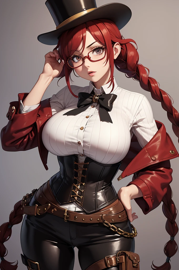 steampunk, underbust corset, breasts, large breasts, top hat, leather, tight clothes, red hair, pigtails, goggles, brown hat, half rim glasses, curvy, braids, dominatress, black lace, white shirt