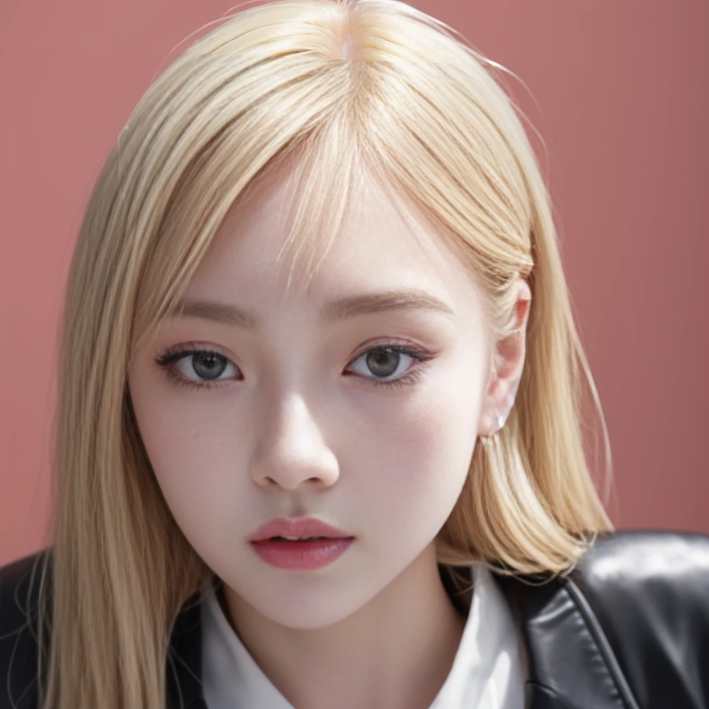 Blond hair girl in white shirt and black jacket looking at camera, pale round face, with round face, She has a pretty face, jossi de blackpink, her face looks like an orchid, she has a nice expressive face, with round cheeks, she has a distant expression, roseanne park by blackpink, A hyperrealist , portrait of jossi de blackpink