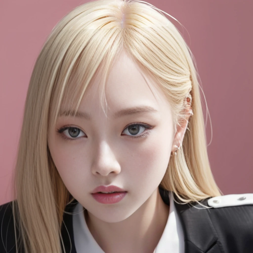 Blond hair girl in white shirt and black jacket looking at camera, pale round face, with round face, She has a pretty face, jossi de blackpink, her face looks like an orchid, she has a nice expressive face, with round cheeks, she has a distant expression, roseanne park by blackpink, A hyperrealist , portrait of jossi de blackpink