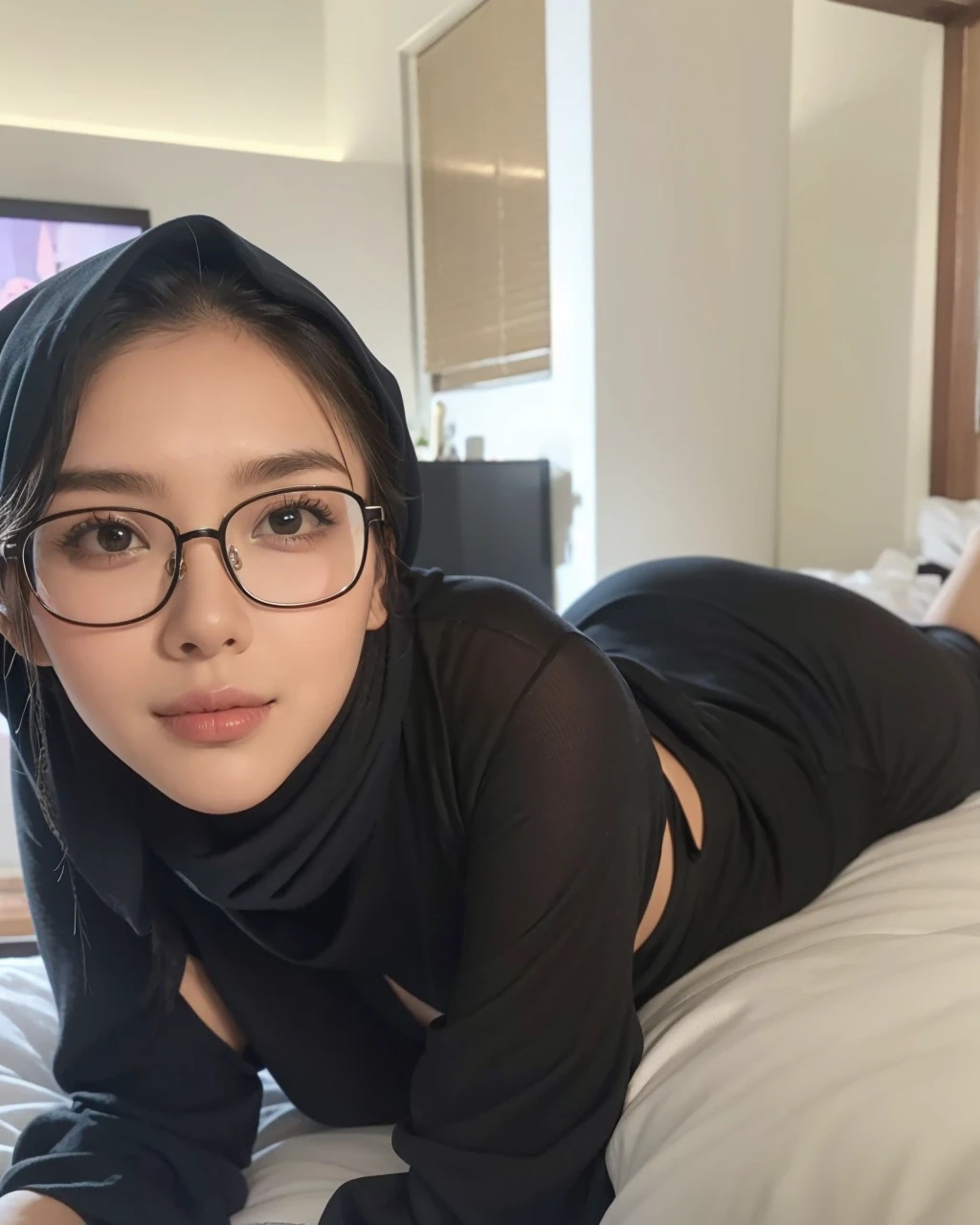 A beautiful woman laying on a bed with a black head scarf, on my bed, while posing in the same bed, laying on a bed, posing in a bedroom, malaysian, with glasses, laying on her back on a bed, laying back on the bed, posing in bed, 18 years old, thick glasses, she is laying on her back