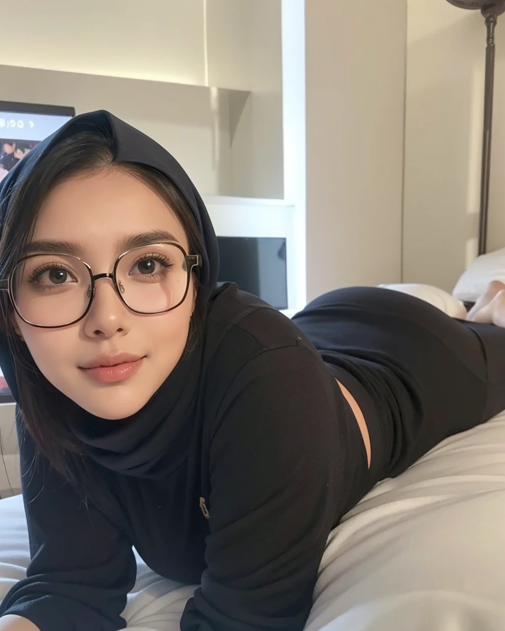 A beautiful woman laying on a bed with a black head scarf, on my bed, while posing in the same bed, laying on a bed, posing in a bedroom, malaysian, with glasses, laying on her back on a bed, laying back on the bed, posing in bed, 18 years old, thick glasses, she is laying on her back