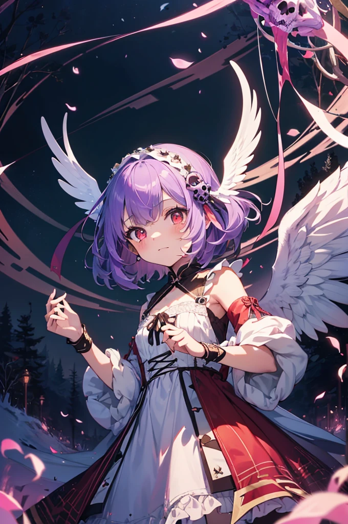 (masutepiece, Absurd quality, Best Quality, Official art, Beautiful and aesthetic:1.2), (1 little girl:1.4), ighly detailed, (Fractal Art:1.3), Colorful, highest details, Vivid Color, From  above, Angel, albino, baby-face, Hugging the skull, Dark light, Fluffy white ruffled dress, White lace up short boots, fluffy Angel wings, Purple long hair, Beautiful detailed red eyes, glare at viewer, Lots of skulls,Full body,((upper body)),((Purple hair)),