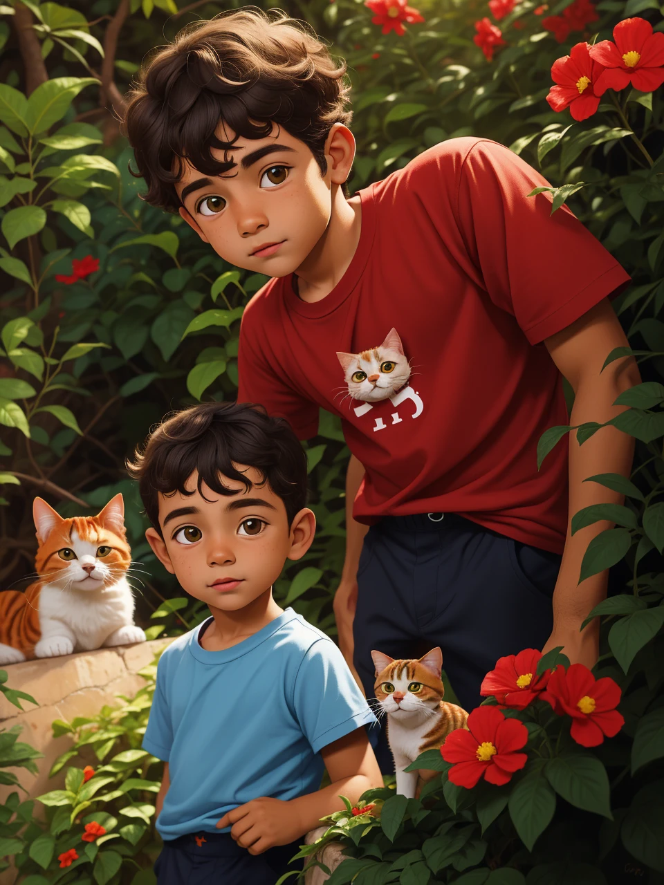 Retrato realista de um menino de sete anos, Ele usa uma camisa vermelha . Your face is and exploratory . Ele sai cautelosamente para o jardim da casa,  A small cat is among the bushes and he touches it cautiously ,Not facing the camera,, Hair is messy , 