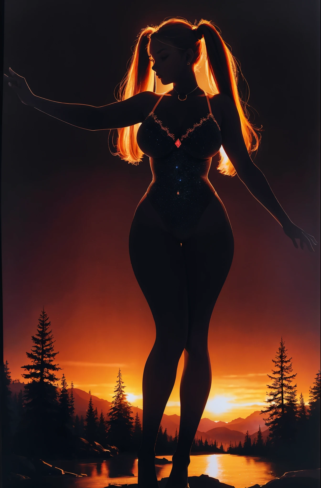 masterpiece, best quality, ultra high res, beautiful, visually stunning, elegant, incredible details,  award-winning painting, (dark art:1.1), deep shadow, (dark theme:1.2),    n3on, full body, relaxed pose, large breasts, wide hips, lingerie,  glowing, neon, (kneehigh socks:1.1),  long hair, twintails,masterpiece, best quality, ultra high resolution, beautiful, visually stunning, elegant, incredible details, world, 1 god, open arms, divine, (colorful abreact background: 1.2), simple background, dynamic pose, sunset, planets background,god, forest, trees, landscape,