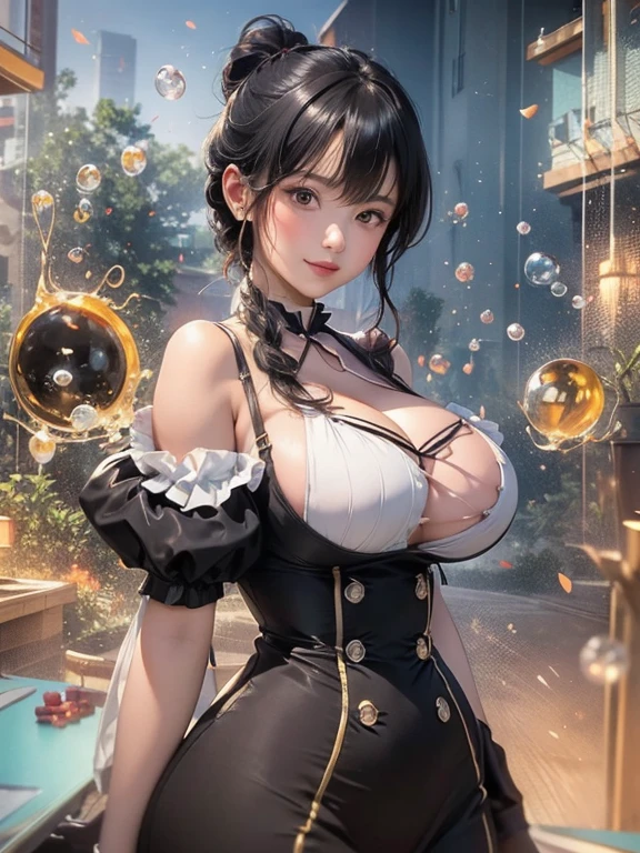 (On the table), (best quality), (Ultra Detailed),(Messy hair),(illustration),(((Full and soft breasts,)))(((Huge breasts))) (((Cleavage))) (Perfect curvy figure), (1 woman), permanent, fashion model, Looking at the audience, (interview), (Detailed background),Beautiful and delicate eyes, Delicate and beautiful face, floating,(High color saturation),(Colorful splash),Colored bubbles,(shining), Floating flowers, Floating hair, (shining), Optimal lighting, The best shadow, 1 Only,(Big breasts:1.5),Black Hair,Braided ponytail,Ahog,Kindness Smile,