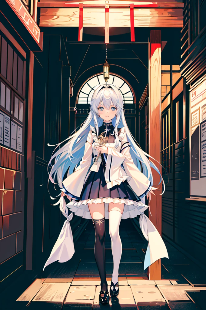 1girl, alone, Outdoor, Long Hair, holy place, original,(figure:1.1),(Highest quality),(Tabletop:1.1),(Highly detailed CG Unity 8k wallpaper:1.1), (colorful:0.9),(Mid Shot:0.95),(非常に詳細なBeautiful Face),(alone:1.2), (girl),(((upon))), (Beautiful eyes in every detail:1.15), (Beautiful Face:1.15), (Sparkling blue eyes:1.25////),(((茶色のLong Hair))),(Both sides up),(+Perfect hands+:1.21),(Draw illustration of Japan priestess costume),(thin),(White pleated skirt),(Gothic),((Black knee socks)),(Frills),(Beautiful Slender Lolita Girl),Are standing, girl,10 years old, girl,Foggy place,((A city in the desert)),