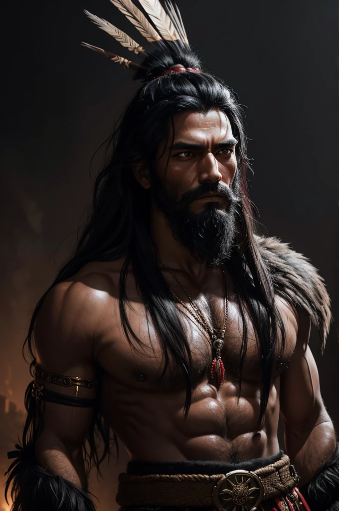 a man with long unkempt black hair and carbon black beard, intense red iris eyes, wearing indigenous ceremonial clothing, fair skin, shirtless, dramatic lighting, chiaroscuro, oil painting, hyperrealism, intricate details, digital art, cinematic composition, moody atmosphere