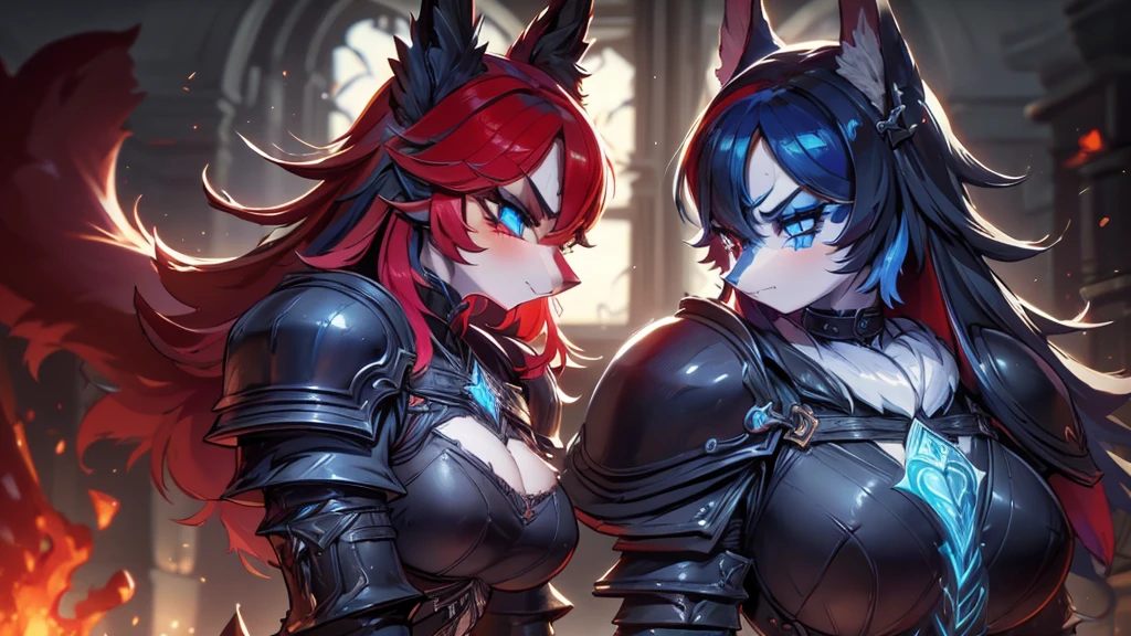 A battlefield, two women facing each other, karo. a redhead wearing dark armor, the other with sky blue hair and eyes wearing armor of light, their legendary swords stuck in battle, (Facial expression: anger/Will), wearing mystical armor, one with an aura of light, the other with a dark aura, best qualityer, masterprice, raytracing, face detailed, 8 k wallpaper, (high resolution), breasts big, open armor, animal ears, bangss, fox ears, fox tail,