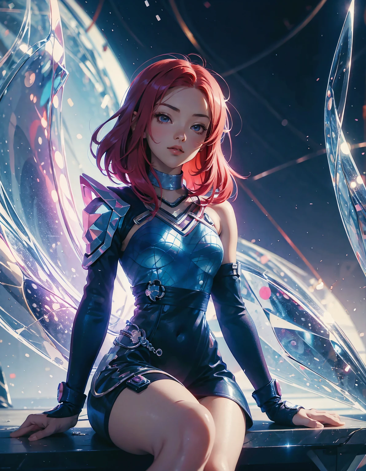 A colorful and dreamy anime-style illustration of a young girl with short red hair, sitting amidst a vibrant, mechanical landscape. She is wearing a casual outfit with mechanical leg armor, surrounded by a kaleidoscope of colors and glowing lights. The background is filled with whimsical details and a magical atmosphere. --ar 3:4 --style raw --stylize 600 --niji 6