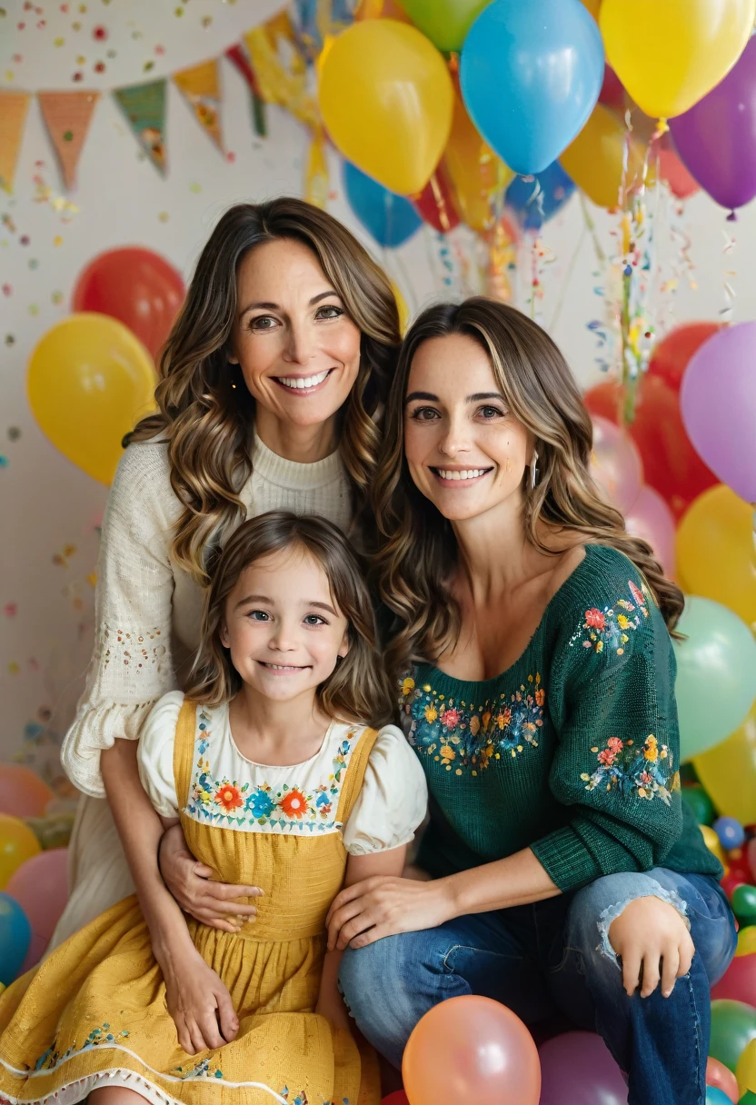 A warm and vibrant photograph captures the tender moment between a 45-year-old brunette woman with medium-sized, sagging breasts and her 13-year-old daughter. Her mother, dressed in a dark green cross-stitch sweater and navy jeans, is standing next to her daughter, who is wearing a mustard and beige children's party dress and a radiant smile. Her almond eyes shine with joy as they look at each other.
The background is a lively children's party, full of colorful balloons and playful clowns. Confetti and streamers add to the festive atmosphere, framing her seriousness as she tenderly holds her daughter's hand.