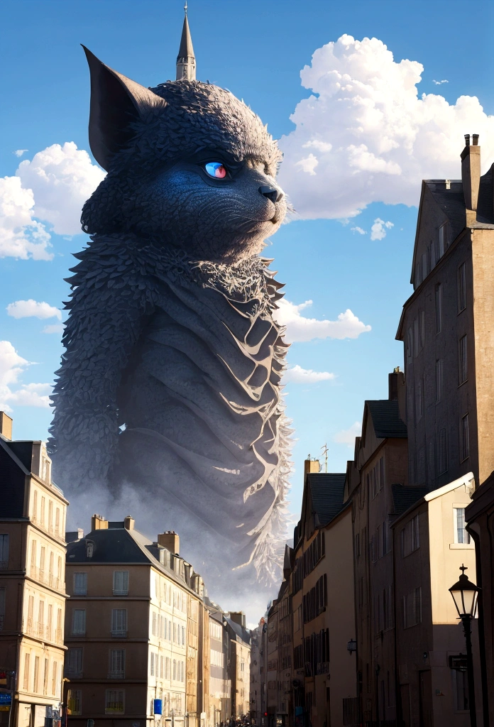 une ville détruite vu de loin avec la silhouette d'un grand monstre qui ressemble à la faucheuse avec un ciel ronge 