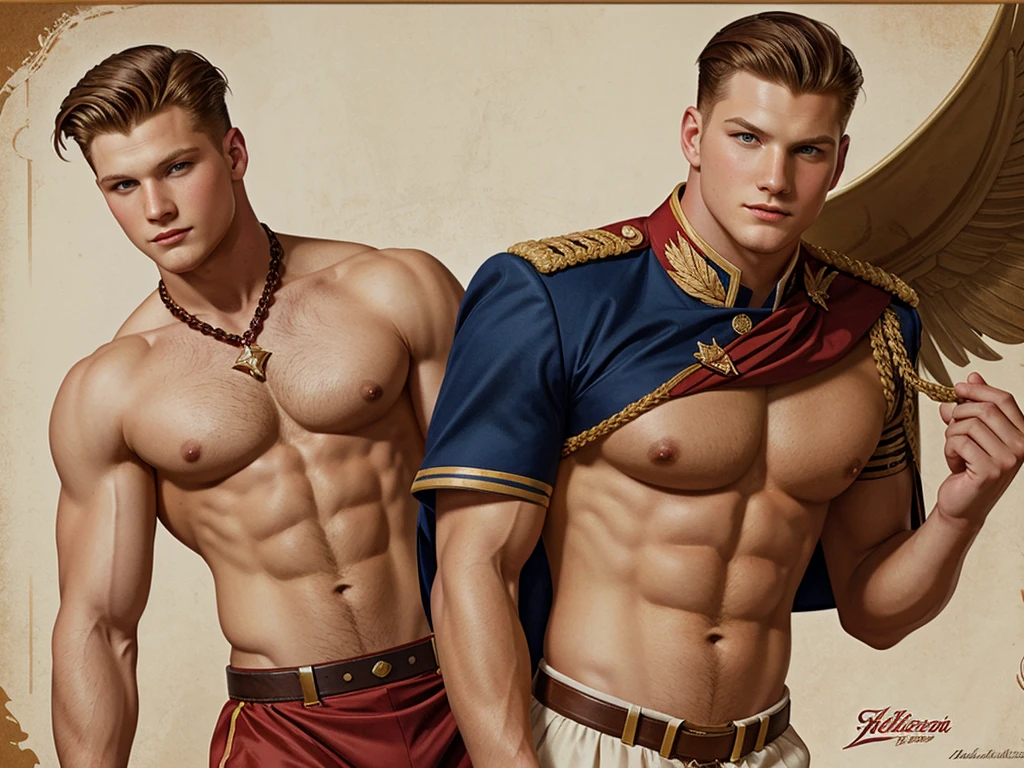 illustration in Leyendecker style: muscular, hairy chest and belly Alexander Ludwig, Big Dick - Lieutenant Roy Pierce in full dress uniform, "Midway"