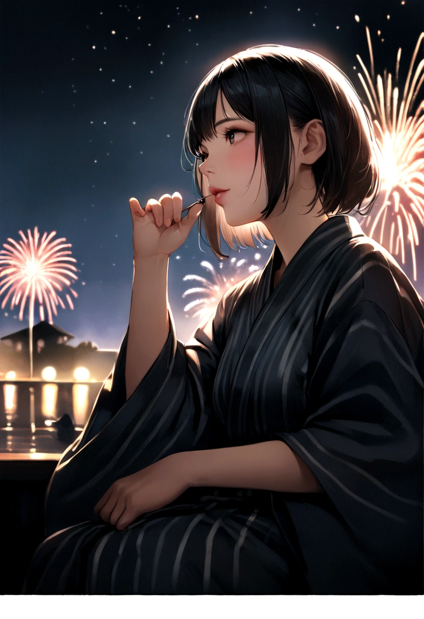 (8K、RAW Photosgraphy、Highest quality、masterpiece:1.2)、(Realistic、Realistic:1.37)、Ultra-high resolution、One Girl、cute、alone、night、Sitting、date、(Nose redness)、(Laughter:1.1)、(Closed)、Huge 、Beautiful Eyes、(short hair:1.2)、(((Fireworks bursting into the sky、night)))、(((kimono、yukata)))、Upper body naked、Nipple pinching、Perfect body、Perfect Fingers、Professional Lighting、Japanese Goddess、gravure、Detailed face and skin texture、Fine grain、RAW Photos