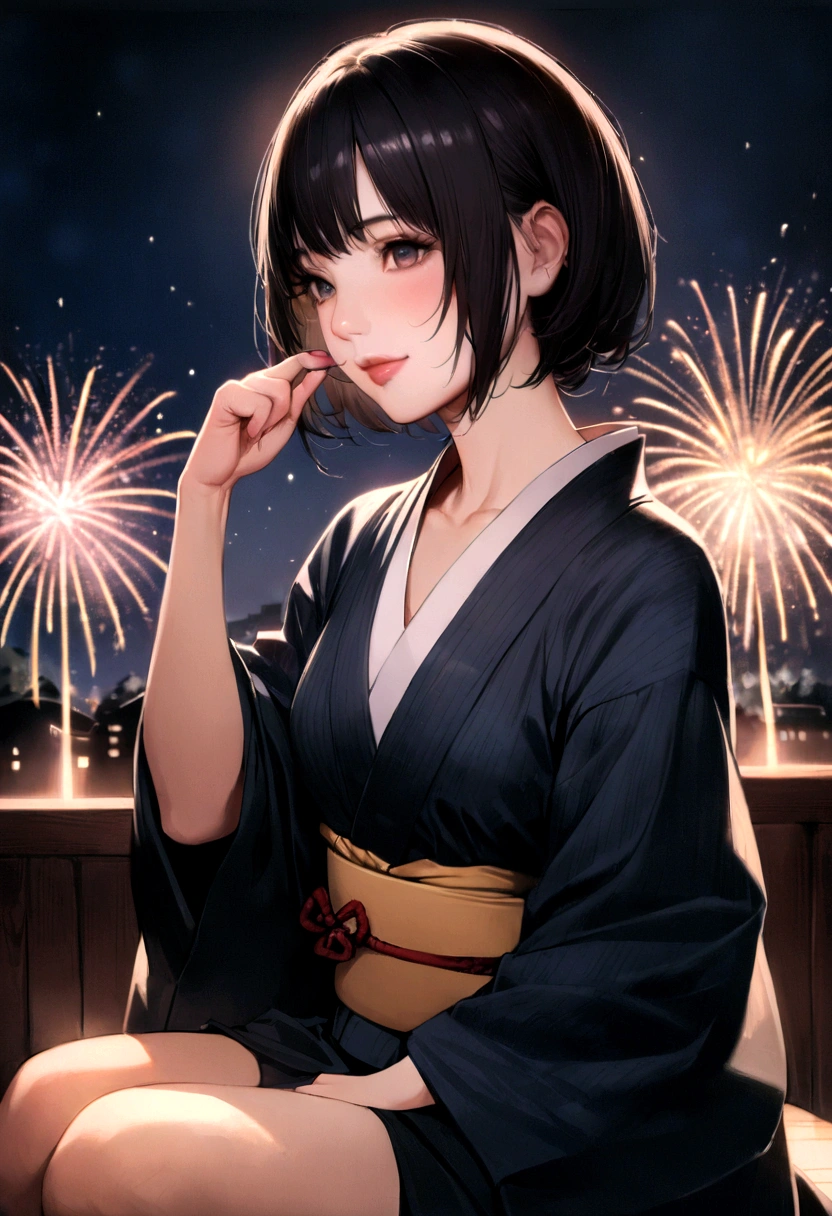 (8K、RAW Photosgraphy、Highest quality、masterpiece:1.2)、(Realistic、Realistic:1.37)、Ultra-high resolution、One Girl、cute、alone、night、Sitting、date、(Nose redness)、(Laughter:1.1)、(Closed)、Huge 、Beautiful Eyes、(short hair:1.2)、(((Fireworks bursting into the sky、night)))、(((kimono、yukata)))、Upper body naked、Nipple pinching、Perfect body、Perfect Fingers、Professional Lighting、Japanese Goddess、gravure、Detailed face and skin texture、Fine grain、RAW Photos