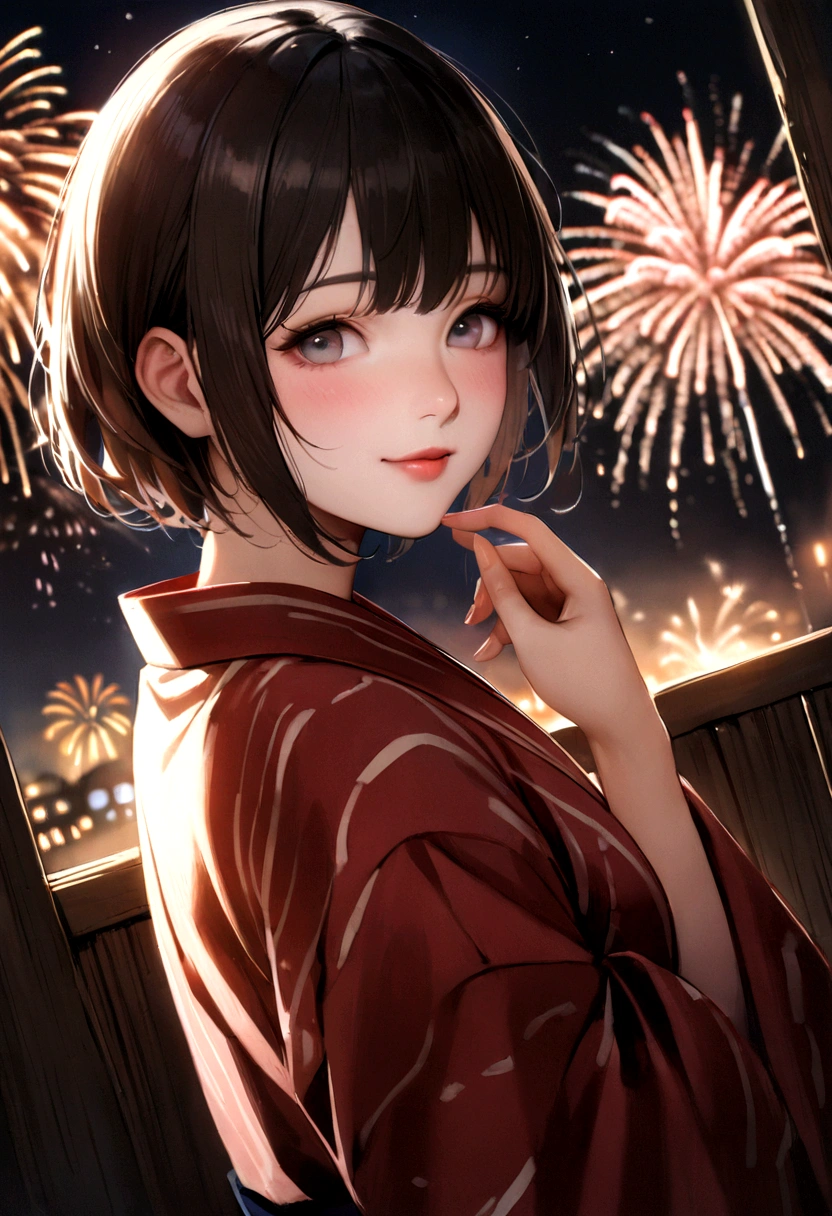 (8K、RAW Photosgraphy、Highest quality、masterpiece:1.2)、(Realistic、Realistic:1.37)、Ultra-high resolution、One Girl、cute、alone、night、Sitting、date、(Nose redness)、(Laughter:1.1)、(Closed)、Huge 、Beautiful Eyes、(short hair:1.2)、(((Fireworks bursting into the sky、night)))、(((kimono、yukata)))、Upper body naked、Nipple pinching、Perfect body、Perfect Fingers、Professional Lighting、Japanese Goddess、gravure、Detailed face and skin texture、Fine grain、RAW Photos