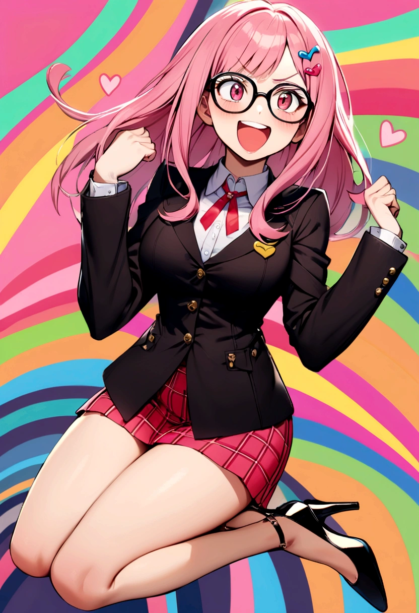 Pink hair girl wearing long dark jacket with glasses and a mini skirt with heels and wearing a heart shaped hair clip and looking happy and angry