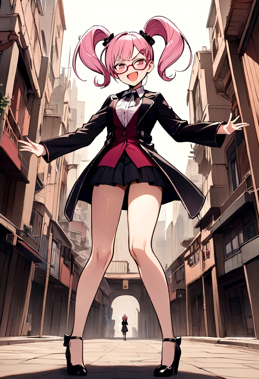 Pink hair girl wearing long dark jacket with glasses and a mini skirt with heels and wearing a heart shaped hair clip and looking happy and angry