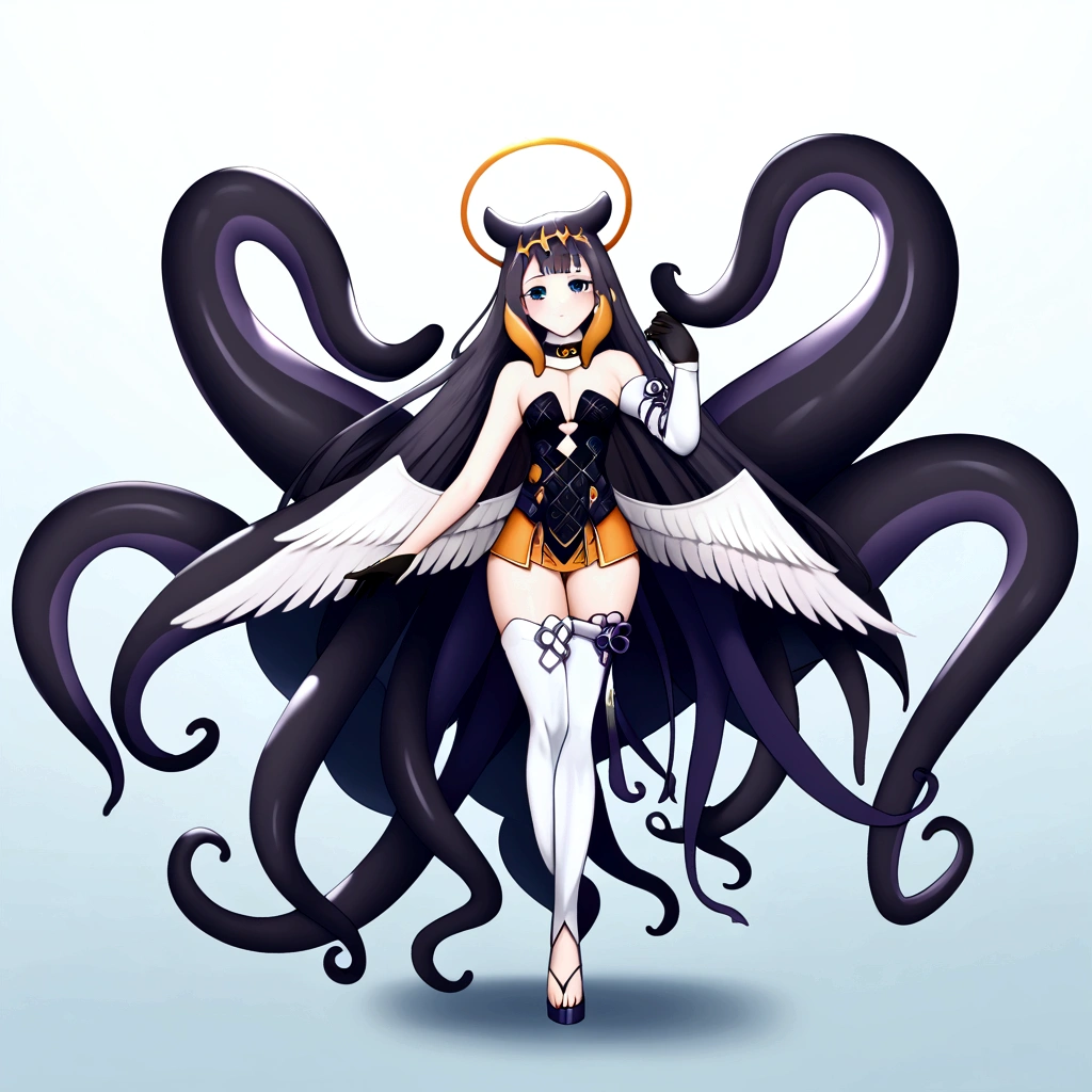 inapriestess, strapless dress, single thighhigh, single detached sleeve, black gloves, low wings, halo, tentacles, mole under eye, 4 arms, full body.