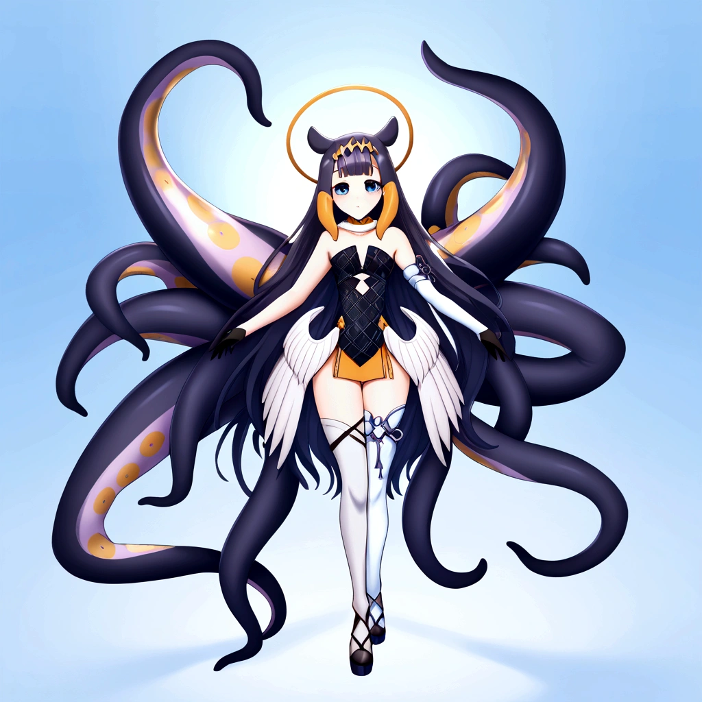 inapriestess, strapless dress, single thighhigh, single detached sleeve, black gloves, low wings, halo, tentacles, mole under eye, 4 arms, full body.