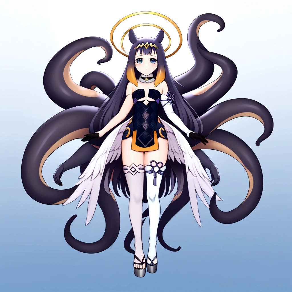 inapriestess, strapless dress, single thighhigh, single detached sleeve, black gloves, low wings, halo, tentacles, mole under eye, 4 arms, full body.