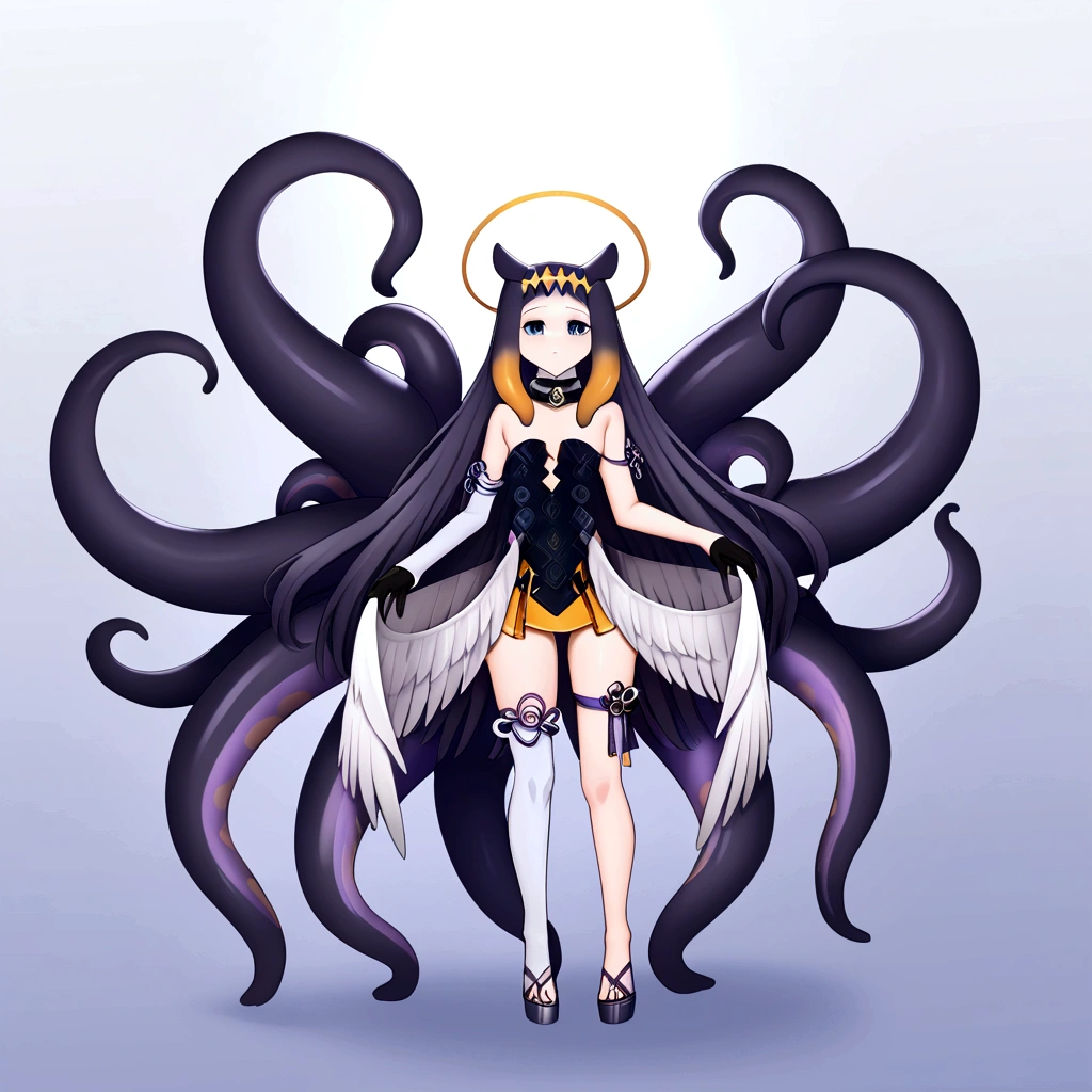 inapriestess, strapless dress, single thighhigh, single detached sleeve, black gloves, low wings, halo, tentacles, mole under eye, 4 arms, full body.