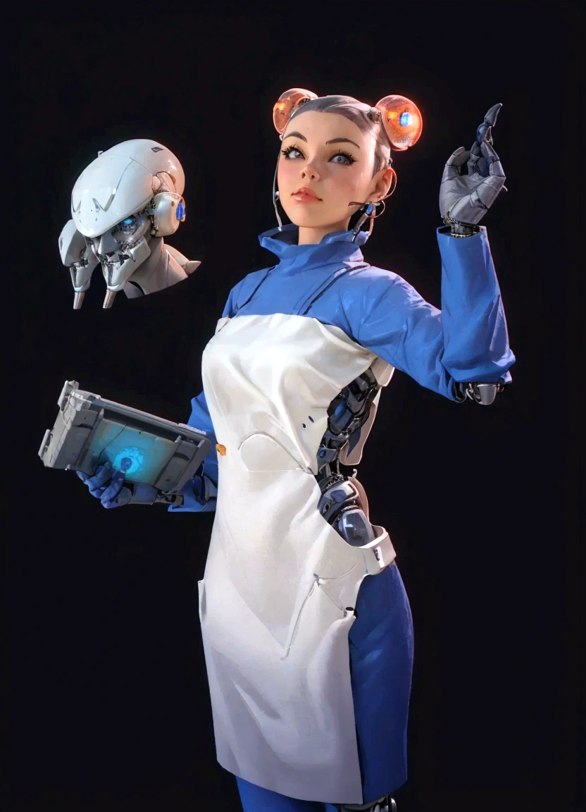 Arafed woman in a white and blue dress holding a book and a toy., science fiction character, female cyborg trader, science fiction female character, cyborg merchant girl, science fiction character, science fiction woman, 3D 8k rendering character art, 3D character concept, 3d character art, retrato de una science fiction woman, retrofuturistic female android