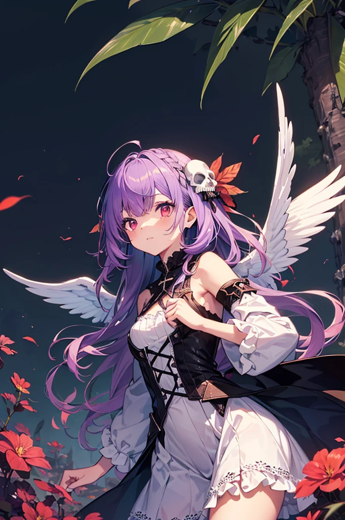 (masutepiece, Absurd quality, Best Quality, Official art, Beautiful and aesthetic:1.2), (1 :1.4), ighly detailed, (Fractal Art:1.3), Colorful, highest details, Vivid Color, From above, Angel, albino, baby-face, Hugging the skull, Dark light, Fluffy white ruffled dress, White lace up short boots, fluffy Angel wings, Purple long hair, Beautiful detailed red eyes, glare at viewer, Lots of skulls,Full body,((upper body)),((Purple hair)),