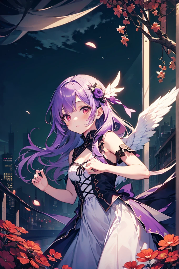 (masutepiece, Absurd quality, Best Quality, Official art, Beautiful and aesthetic:1.2), (1 little girl:1.4), ighly detailed, (Fractal Art:1.3), Colorful, highest details, Vivid Color, From above, Angel, albino, baby-face, Hugging the skull, Dark light, Fluffy white ruffled dress, White lace up short boots, fluffy Angel wings, Purple long hair, Beautiful detailed red eyes, glare at viewer, Lots of skulls,Full body,((upper body)),((Purple hair)),