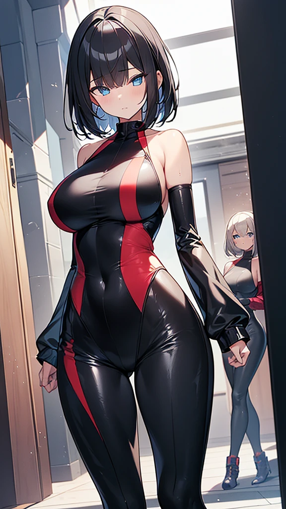 (Highly detailed CG Unity 32k wallpaper,masterpiece, Biological, whole body),(Best lighting, Best Shadow, Very delicate and beautiful),(two girl),blue eyes, Big Breasts,Bouncing chest, Black Hair,Bobcut,Red and black and White off-the-shoulder revealing high-cut SF bodysuit,One-piece swimsuit-style clothing,Clothes that emphasize the chest,Neck Seal,High-tech sci-fi corridor, Dynamic pose, Detailed Machinery, Sleek design.,My crotch is wet, {{An extraterrestrial lifeform preys on girls and takes their place、Her breasts are bigger than a real girl&#39;s、Suitable for the mother、Looking for a breeding partner、The corpse of the girl he preyed on was next to him.}}, Unknown sensation, Feels good, Vigorous movement, more, instinct, Female fall, Bouncing chest, loose, loose, Next to a real girl skeleton, NSFW