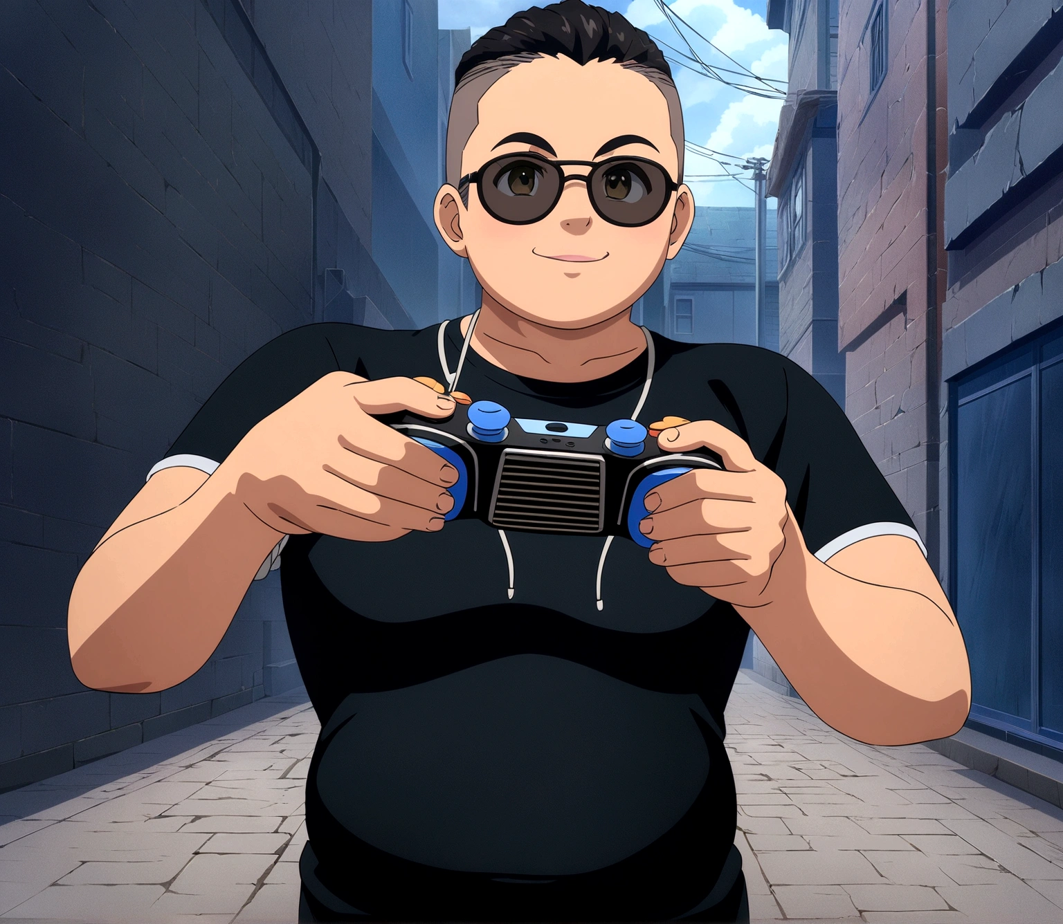 Dark-skinned man in black jacket and sunglasses standing on the street, undercut haircut, Bblack hair, holding a controller, natta, anime 8K foda, anime wallpaper 4k, 4K anime-style, 8K anime art wallpaper, anime wallpaper 4k, anime wallpaper 4k, 4K cartoon wallpaper, best anime 4K Konachan Wallpaper Konachan Wallpaper 4K, 4K anime art wallpaper, 4K anime art wallpaper