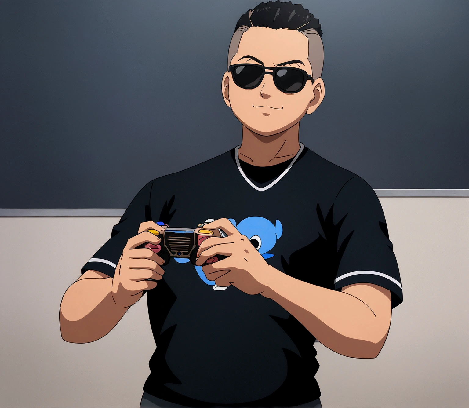 Dark-skinned man in black jacket and sunglasses standing on the street, undercut haircut, Bblack hair, holding a controller, natta, anime 8K foda, anime wallpaper 4k, 4K anime-style, 8K anime art wallpaper, anime wallpaper 4k, anime wallpaper 4k, 4K cartoon wallpaper, best anime 4K Konachan Wallpaper Konachan Wallpaper 4K, 4K anime art wallpaper, 4K anime art wallpaper