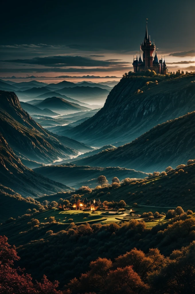 Landscape of a magical kingdom in dark tones