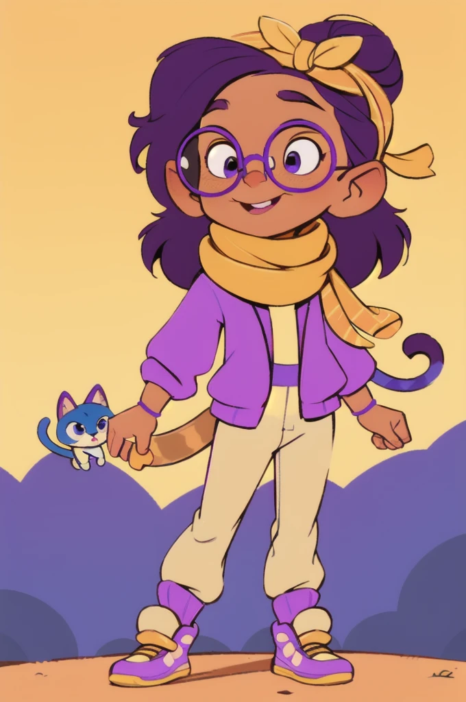 ((melhor qualidade)), ((Obra de arte)), (detalhado), A stunning high-quality 8K cartoon illustration featuring a charming  and her adorable kitten. The kitty, with charming white and orange fur, sports an extravagant flower headband and wears an adorable purple and yellow scarf, complete with stylish sneakers. The girl, dressed in a matching pink and purple jumpsuit, wears glasses and sneakers, her cheerful expression and playful demeanor capturing her adventurous spirit. The background exudes a dreamy and warm atmosphere with a golden glow, enhancing the magical ambiance of the scene. The intricate details, vibrant colors, and professional finish of this 3D illustration make it truly captivating, immersing viewers in the animated world of this charming duo., illustration