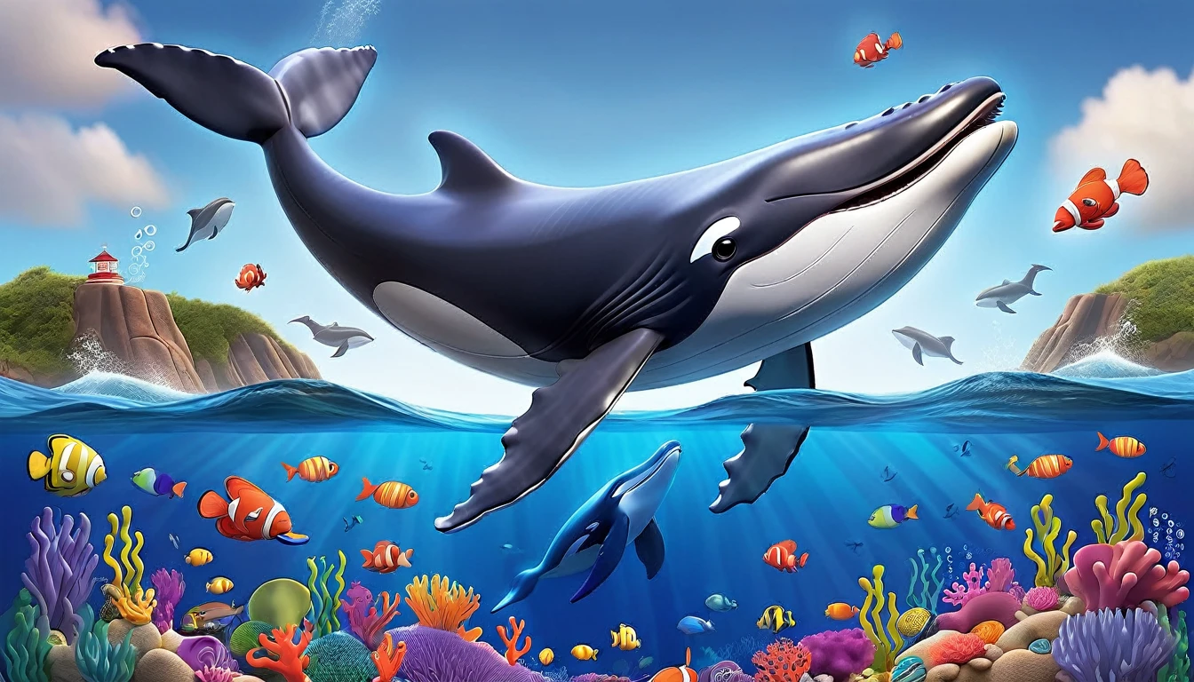 Create a 3-D Pixar style art scene for kids featuring a humpback whale singing with musical notes coming out of its blowhole. The scene should be colorful and vibrant, with an ocean background, coral reefs, and schools of fish. The text 'Whale songs can travel for miles!' should be prominently displayed. The overall mood should be lively and inviting for young children