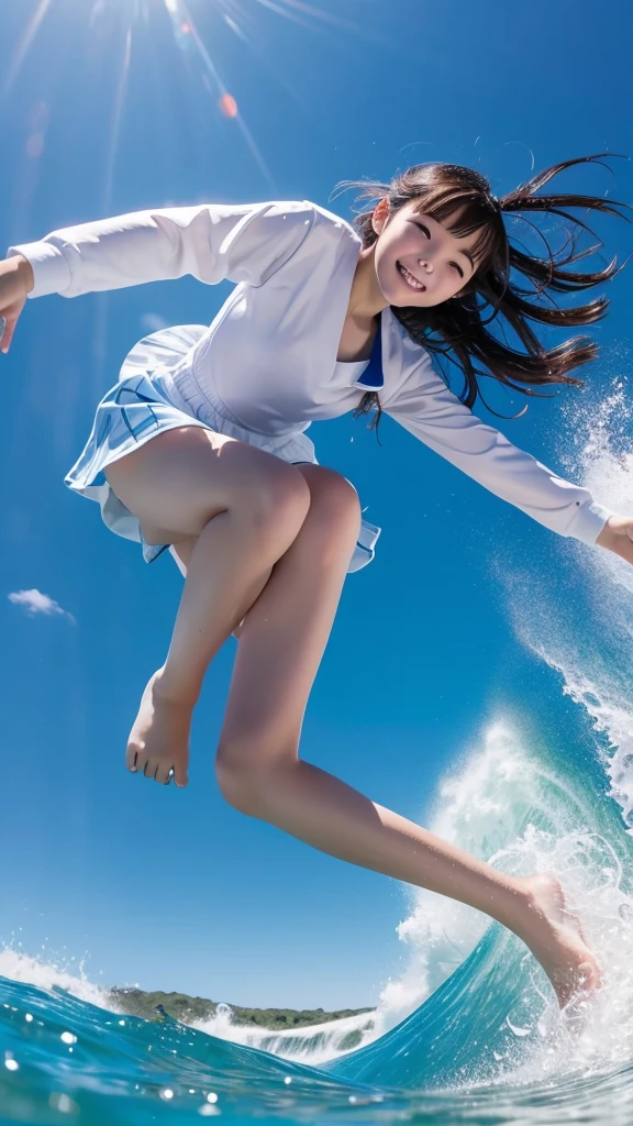 1girl,masterpiece, 12 years old;beautiful girl、8K quality, High definition, realistic pictures, professional writing, There is a woman jumping in the air from underwater to the sky., ((A pose that looks like dancing with the face facing upwards)), face upwards, dance in the air,artistic swimming,  jump towards the viewer, jump towards viewer, she is floating in the air, jump into the air, jump on the audience, jump, jump with arms up, floating in the air, floating on the ground, Jump for joy, jump pose, horizontally jump!!!, wearing a sailor suit, high school girl,((Big wave crashing down)), ((Splashes of water splashing from the body)),  Clear blue sky and white clouds, Sunlight flares