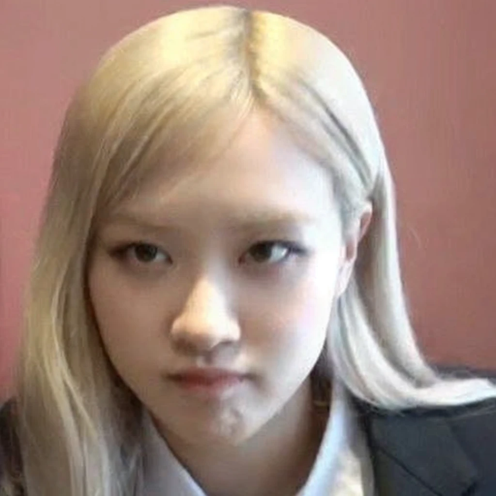 Blond hair girl in white shirt and black jacket looking at camera, pale round face, with round face, She has a pretty face, jossi de blackpink, her face looks like an orchid, she has a nice expressive face, with round cheeks, she has a distant expression, roseanne park by blackpink, A hyperrealist , portrait of jossi de blackpink