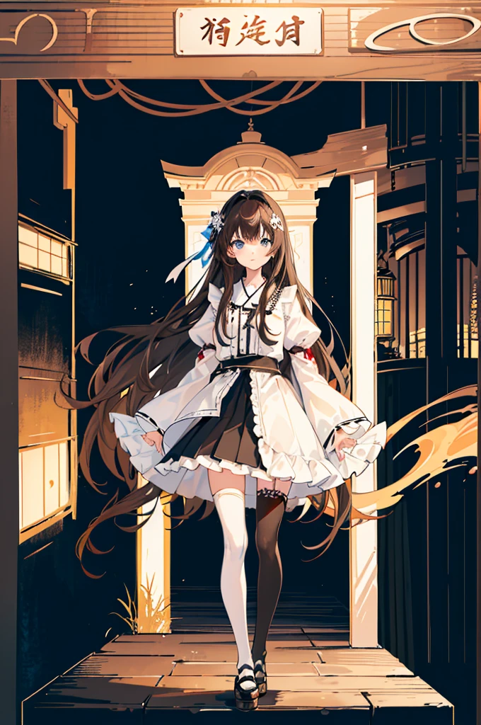 1girl, alone, Outdoor, Long Hair, holy place, original,(figure:1.1),(Highest quality),(Tabletop:1.1),(Highly detailed CG Unity 8k wallpaper:1.1), (colorful:0.9),(Mid Shot:0.95),(Highly detailed Beautiful Face),(alone:1.2), (girl),(((upon))), (Beautiful eyes in every detail:1.15), (Beautiful Face:1.15), (Sparkling blue eyes:1.25////),(((Brown Long Hair))),(Both sides up),(+Perfect hands+:1.21),(Draw illustration of Japan priestess costume),(thin),(White pleated skirt),(Gothic),((Black knee socks)),(Frills),(Beautiful Slender Lolita Girl),Are standing, girl,10 years old, girl,Foggy place,((A city in the desert)),