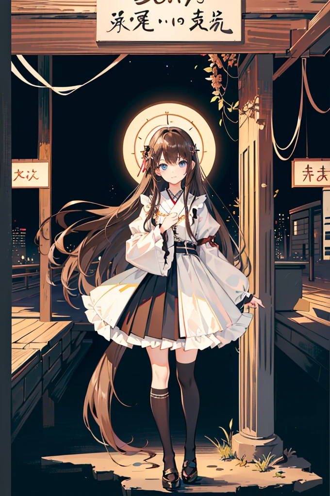 1girl,  alone, Outdoor, Long Hair, holy place, original,(figure:1.1),(Highest quality),(Tabletop:1.1),(Highly detailed CG Unity 8k wallpaper:1.1), (colorful:0.9),(Mid Shot:0.95),(Highly detailed Beautiful Face),(alone:1.2), (girl),(((upon))), (Beautiful eyes in every detail:1.15), (Beautiful Face:1.15), (Sparkling blue eyes:1.25////),(((Brown Long Hair))),(Both sides up),(+Perfect hands+:1.21),(Draw illustration of Japan priestess costume),(thin),(White pleated skirt),(Gothic),((Black knee socks)),(Frills),(Beautiful Slender Lolita Girl),Are standing, girl,10 years old,  girl,Foggy place,((A city in the desert)),
