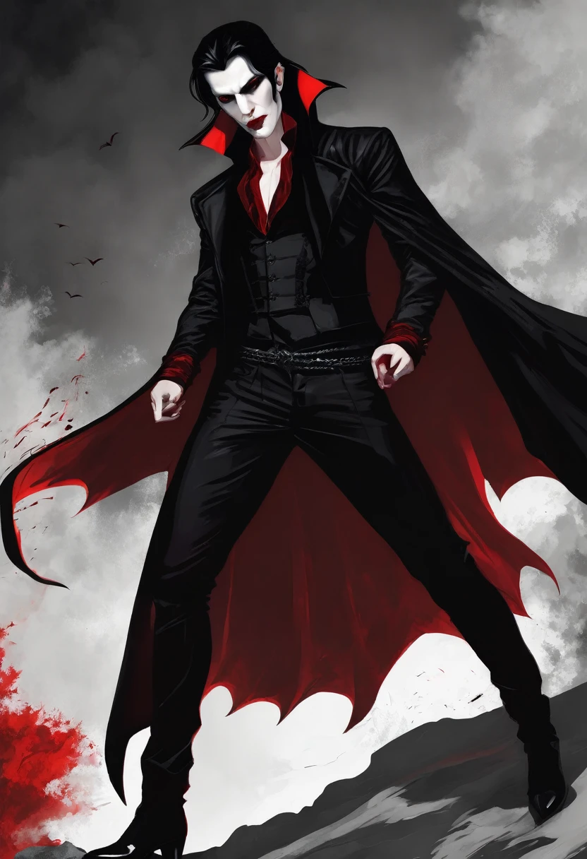 Vampire with dark black hair and his black and red outfit 