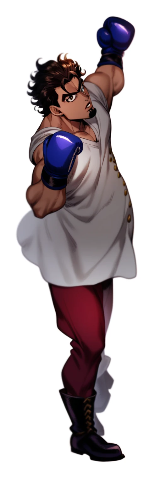 1 boy, jojo, JOJO's Bizarre Adventure, JoJo Standing,a fat man wearing boxing gloves, his right arm points forward and his left arm is raised pointing upwards,looking to the viewer,goatee style beard,Hirohiko Araki&#39;s style,zentangle elements,rendering,rich colors,Cast colorful spells,intricate details,Highest composition,perfect composition,An illustration,cool,Highest,Highest Cool,anatomically correct,structurally correct,draw with thick lines,characteristic