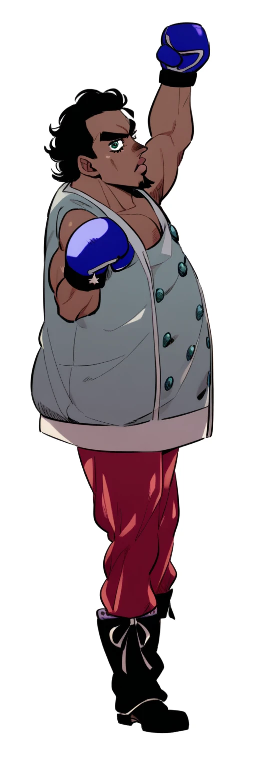 1 boy, jojo, JOJO's Bizarre Adventure, JoJo Standing,a fat man wearing boxing gloves, his right arm points forward and his left arm is raised pointing upwards,looking to the viewer,goatee style beard,Hirohiko Araki&#39;s style,zentangle elements,rendering,rich colors,Cast colorful spells,intricate details,Highest composition,perfect composition,An illustration,cool,Highest,Highest Cool,anatomically correct,structurally correct,draw with thick lines,characteristic
