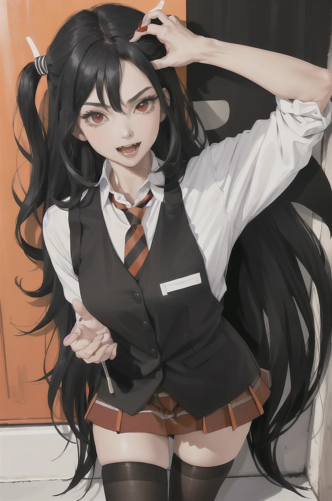 absurdres, best quality, 1girl, solo, looking at viewer, eye focus,  LucoaDM, CasualCL, long straight orange and black hair,red eyes,red and black striped skirt,red striped tie,white uniform,black socks,fangs