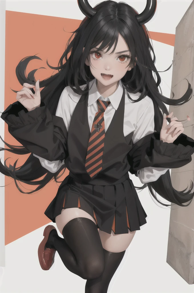 absurdres, best quality, 1girl, solo, looking at viewer, eye focus,  LucoaDM, CasualCL, long straight orange and black hair,red eyes,red and black striped skirt,red striped tie,white uniform,black socks,fangs