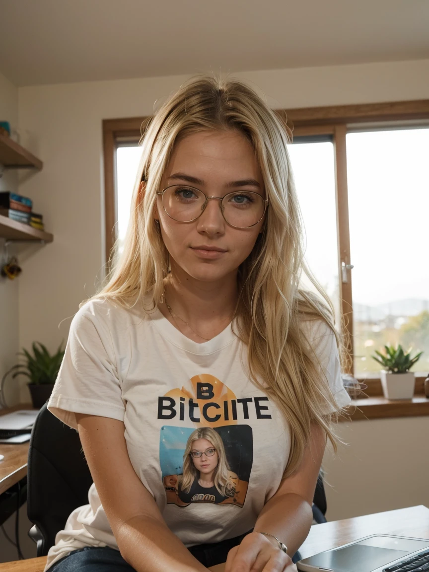 Best quality, instagram influencer, blonde female 20yo, at her house, sunset, looking in the camera, big tits, looking like a nerd, nerd, home nerd, sitting at her desk, nerd, geek, innocent look, wearing bitcoin tshirt
