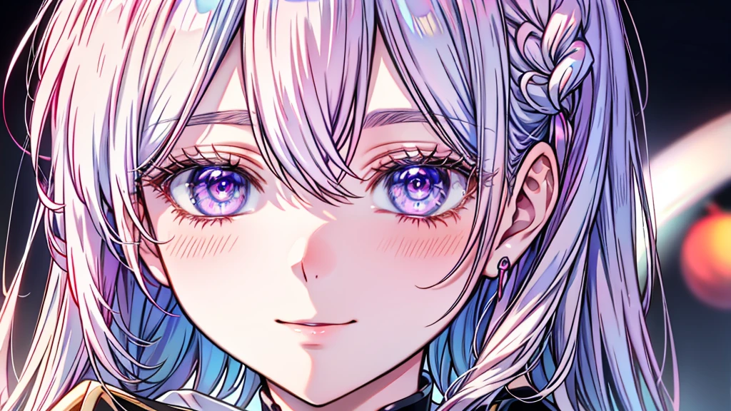 Absurd resolution, High resolution, (masutepiece: 1.4), Hyper-detailing, Silver-haired young woman dressed as technician,Red hue of the eyes、Eyes purple hue blushing、Smiling expression, Blue Neon、Being in the blue cyber digital space