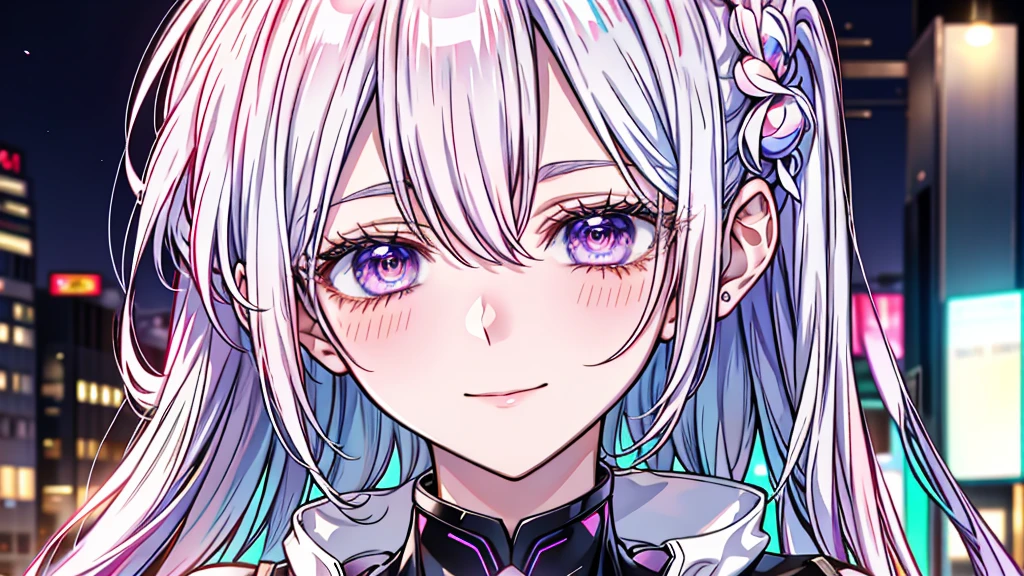 Absurd resolution, High resolution, (masutepiece: 1.4), Hyper-detailing, Silver-haired young woman dressed as technician,Red hue of the eyes、Eyes purple hue blushing、Smiling expression, Blue Neon、Being in the blue cyber digital space